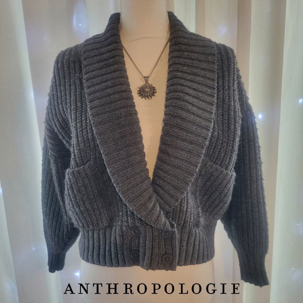 Anthropologie Deep V Cardigan Sweater Button Gray Carbon Oversized Chunky Knit